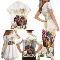 Australia Cup Caulfield Horse Racing Family Matching Short Sleeve Bodycon Dress and Hawaiian Shirt Champion Trophy Mix White Roses - Wonder Print Shop