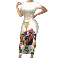 Australia Cup Caulfield Horse Racing Short Sleeve Bodycon Dress Champion Trophy Mix White Roses - Wonder Print Shop