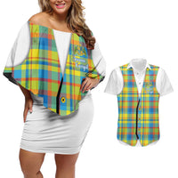 Personalized Dominica Creole Day Couples Matching Off Shoulder Short Dress and Hawaiian Shirt Jounen Kweyol Blue Madras Proud - Wonder Print Shop