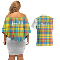 Personalized Dominica Creole Day Couples Matching Off Shoulder Short Dress and Hawaiian Shirt Jounen Kweyol Blue Madras Proud - Wonder Print Shop