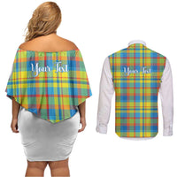 Personalized Dominica Creole Day Couples Matching Off Shoulder Short Dress and Long Sleeve Button Shirt Jounen Kweyol Blue Madras Proud - Wonder Print Shop