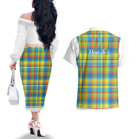 Personalized Dominica Creole Day Couples Matching Off The Shoulder Long Sleeve Dress and Hawaiian Shirt Jounen Kweyol Blue Madras Proud - Wonder Print Shop
