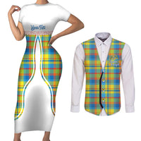 Personalized Dominica Creole Day Couples Matching Short Sleeve Bodycon Dress and Long Sleeve Button Shirt Jounen Kweyol Blue Madras Proud - Wonder Print Shop