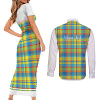 Personalized Dominica Creole Day Couples Matching Short Sleeve Bodycon Dress and Long Sleeve Button Shirt Jounen Kweyol Blue Madras Proud - Wonder Print Shop