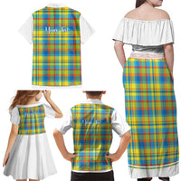 Personalized Dominica Creole Day Family Matching Off Shoulder Maxi Dress and Hawaiian Shirt Jounen Kweyol Blue Madras Proud - Wonder Print Shop