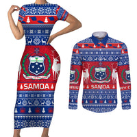 Personalised Samoa Christmas Couples Matching Short Sleeve Bodycon Dress and Long Sleeve Button Shirts Samoan Coat Of Arms Manuia Le Kirisimas - Wonder Print Shop