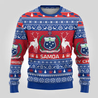 Personalised Samoa Christmas Ugly Christmas Sweater Samoan Coat Of Arms Manuia Le Kirisimas - Wonder Print Shop