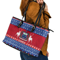 Personalised Samoa Christmas Leather Tote Bag Samoan Coat Of Arms Manuia Le Kirisimas - Wonder Print Shop