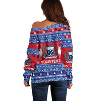 Personalised Samoa Christmas Off Shoulder Sweater Samoan Coat Of Arms Manuia Le Kirisimas - Wonder Print Shop