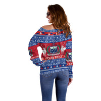 Personalised Samoa Christmas Off Shoulder Sweater Samoan Coat Of Arms Manuia Le Kirisimas - Wonder Print Shop