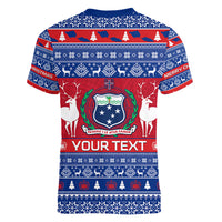 Personalised Samoa Christmas Women V Neck T Shirt Samoan Coat Of Arms Manuia Le Kirisimas - Wonder Print Shop