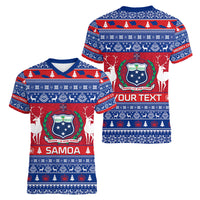 Personalised Samoa Christmas Women V Neck T Shirt Samoan Coat Of Arms Manuia Le Kirisimas - Wonder Print Shop