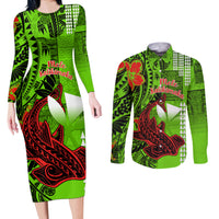 Personalised Hawaii Christmas Couples Matching Long Sleeve Bodycon Dress and Long Sleeve Button Shirts Mele Kalikimaka Kakau Polynesian Shark Tattoo - Wonder Print Shop