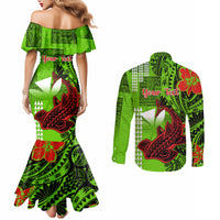 personalised-hawaii-christmas-couples-matching-mermaid-dress-and-long-sleeve-button-shirts-mele-kalikimaka-kakau-polynesian-shark-tattoo