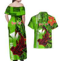 Personalised Hawaii Christmas Couples Matching Off Shoulder Maxi Dress and Hawaiian Shirt Mele Kalikimaka Kakau Polynesian Shark Tattoo - Wonder Print Shop