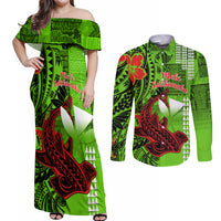 Personalised Hawaii Christmas Couples Matching Off Shoulder Maxi Dress and Long Sleeve Button Shirts Mele Kalikimaka Kakau Polynesian Shark Tattoo - Wonder Print Shop