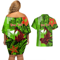 Personalised Hawaii Christmas Couples Matching Off Shoulder Short Dress and Hawaiian Shirt Mele Kalikimaka Kakau Polynesian Shark Tattoo - Wonder Print Shop