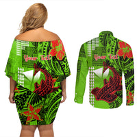 Personalised Hawaii Christmas Couples Matching Off Shoulder Short Dress and Long Sleeve Button Shirts Mele Kalikimaka Kakau Polynesian Shark Tattoo - Wonder Print Shop