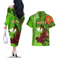 Personalised Hawaii Christmas Couples Matching Off The Shoulder Long Sleeve Dress and Hawaiian Shirt Mele Kalikimaka Kakau Polynesian Shark Tattoo - Wonder Print Shop