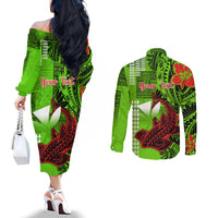 personalised-hawaii-christmas-couples-matching-off-the-shoulder-long-sleeve-dress-and-long-sleeve-button-shirts-mele-kalikimaka-kakau-polynesian-shark-tattoo