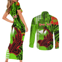 Personalised Hawaii Christmas Couples Matching Short Sleeve Bodycon Dress and Long Sleeve Button Shirts Mele Kalikimaka Kakau Polynesian Shark Tattoo - Wonder Print Shop