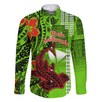 Personalised Hawaii Christmas Family Matching Off Shoulder Long Sleeve Dress and Hawaiian Shirt Mele Kalikimaka Kakau Polynesian Shark Tattoo - Wonder Print Shop