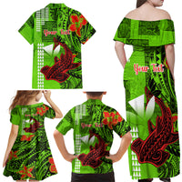 Personalised Hawaii Christmas Family Matching Off Shoulder Maxi Dress and Hawaiian Shirt Mele Kalikimaka Kakau Polynesian Shark Tattoo - Wonder Print Shop