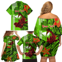Personalised Hawaii Christmas Family Matching Off Shoulder Short Dress and Hawaiian Shirt Mele Kalikimaka Kakau Polynesian Shark Tattoo - Wonder Print Shop