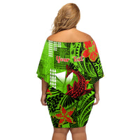 Personalised Hawaii Christmas Family Matching Off Shoulder Short Dress and Hawaiian Shirt Mele Kalikimaka Kakau Polynesian Shark Tattoo - Wonder Print Shop