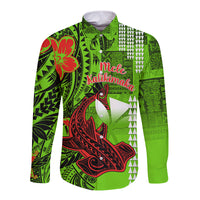 Personalised Hawaii Christmas Long Sleeve Button Shirt Mele Kalikimaka Kakau Polynesian Shark Tattoo - Wonder Print Shop