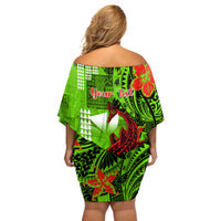 Personalised Hawaii Christmas Off Shoulder Short Dress Mele Kalikimaka Kakau Polynesian Shark Tattoo - Wonder Print Shop