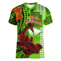 Personalised Hawaii Christmas Women V Neck T Shirt Mele Kalikimaka Kakau Polynesian Shark Tattoo - Wonder Print Shop