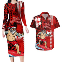 Personalised Hawaii Christmas Couples Matching Long Sleeve Bodycon Dress and Hawaiian Shirt Mele Kalikimaka Surfing Santa Claus - Wonder Print Shop