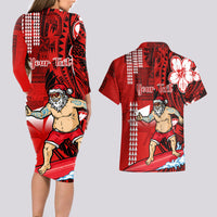 Personalised Hawaii Christmas Couples Matching Long Sleeve Bodycon Dress and Hawaiian Shirt Mele Kalikimaka Surfing Santa Claus - Wonder Print Shop