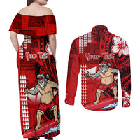 Personalised Hawaii Christmas Couples Matching Off Shoulder Maxi Dress and Long Sleeve Button Shirts Mele Kalikimaka Surfing Santa Claus - Wonder Print Shop