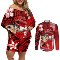 Personalised Hawaii Christmas Couples Matching Off Shoulder Short Dress and Long Sleeve Button Shirts Mele Kalikimaka Surfing Santa Claus - Wonder Print Shop