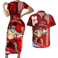 Personalised Hawaii Christmas Couples Matching Short Sleeve Bodycon Dress and Hawaiian Shirt Mele Kalikimaka Surfing Santa Claus - Wonder Print Shop