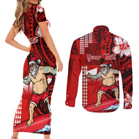 Personalised Hawaii Christmas Couples Matching Short Sleeve Bodycon Dress and Long Sleeve Button Shirts Mele Kalikimaka Surfing Santa Claus - Wonder Print Shop