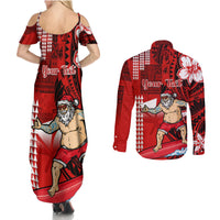 Personalised Hawaii Christmas Couples Matching Summer Maxi Dress and Long Sleeve Button Shirts Mele Kalikimaka Surfing Santa Claus - Wonder Print Shop