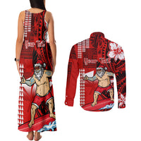 Personalised Hawaii Christmas Couples Matching Tank Maxi Dress and Long Sleeve Button Shirts Mele Kalikimaka Surfing Santa Claus - Wonder Print Shop