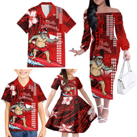 Personalised Hawaii Christmas Family Matching Off Shoulder Long Sleeve Dress and Hawaiian Shirt Mele Kalikimaka Surfing Santa Claus - Wonder Print Shop