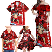 Personalised Hawaii Christmas Family Matching Off Shoulder Maxi Dress and Hawaiian Shirt Mele Kalikimaka Surfing Santa Claus - Wonder Print Shop