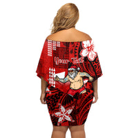 Personalised Hawaii Christmas Family Matching Off Shoulder Short Dress and Hawaiian Shirt Mele Kalikimaka Surfing Santa Claus - Wonder Print Shop