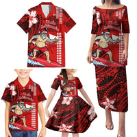 Personalised Hawaii Christmas Family Matching Puletasi Dress and Hawaiian Shirt Mele Kalikimaka Surfing Santa Claus - Wonder Print Shop