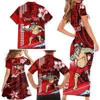 Personalised Hawaii Christmas Family Matching Short Sleeve Bodycon Dress and Hawaiian Shirt Mele Kalikimaka Surfing Santa Claus - Wonder Print Shop