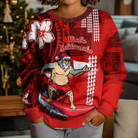 Personalised Hawaii Christmas Kid Ugly Christmas Sweater Mele Kalikimaka Surfing Santa Claus - Wonder Print Shop