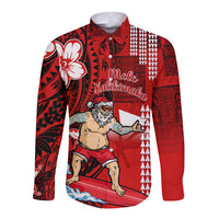 Personalised Hawaii Christmas Long Sleeve Button Shirt Mele Kalikimaka Surfing Santa Claus - Wonder Print Shop