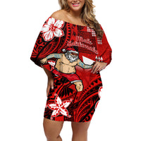 Personalised Hawaii Christmas Off Shoulder Short Dress Mele Kalikimaka Surfing Santa Claus - Wonder Print Shop