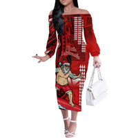 Personalised Hawaii Christmas Off The Shoulder Long Sleeve Dress Mele Kalikimaka Surfing Santa Claus - Wonder Print Shop