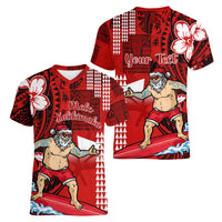 Personalised Hawaii Christmas Women V Neck T Shirt Mele Kalikimaka Surfing Santa Claus - Wonder Print Shop